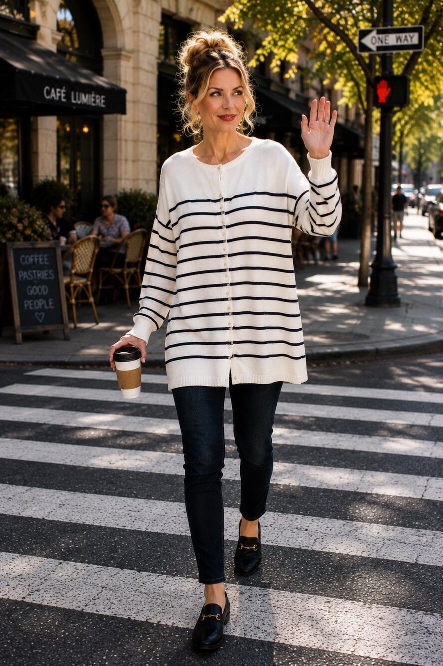 CAbi  Medium Cream Black Striped Button Front Cardigan Breton Knit
